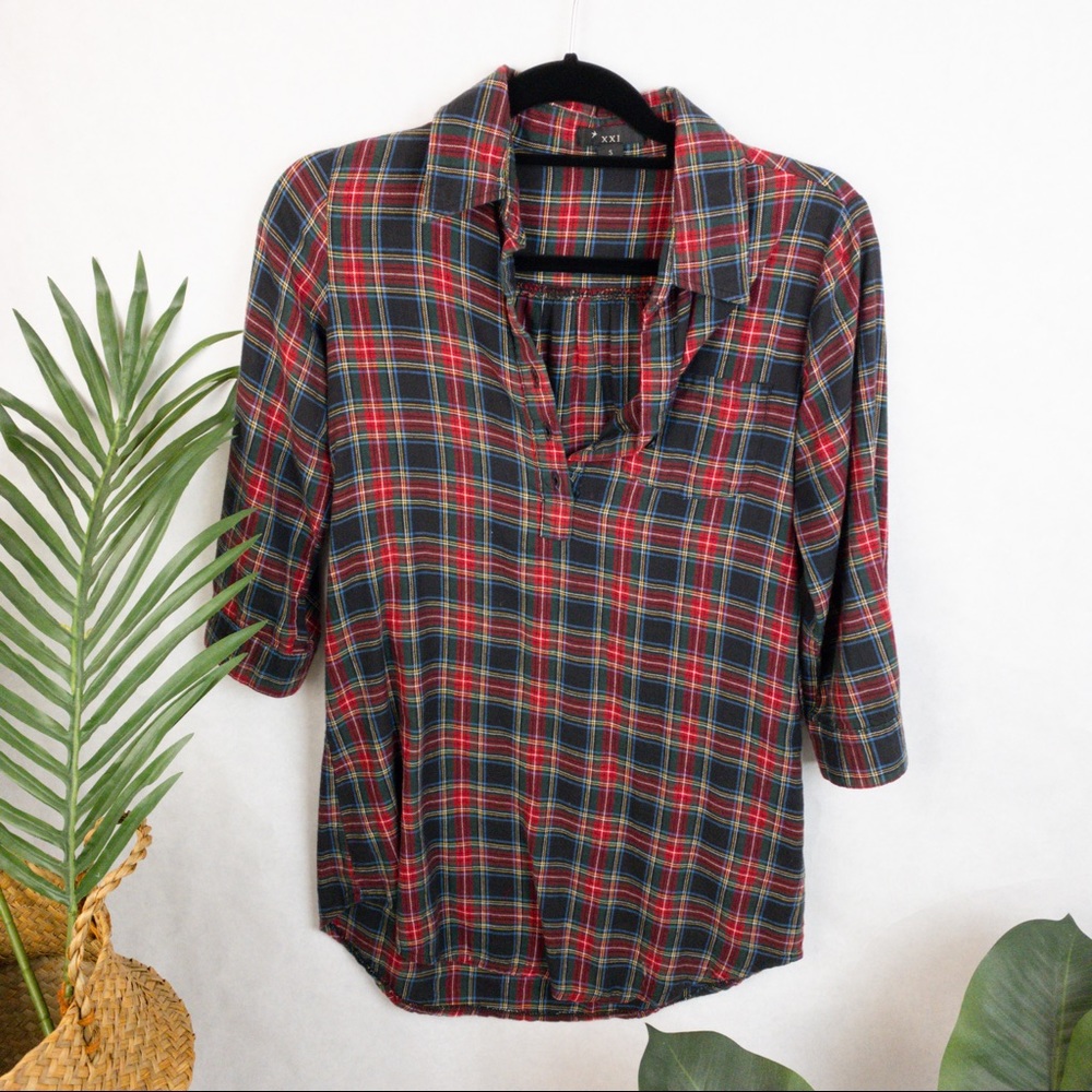 Forever 21 Long Shirt/Top Tunic Plaid Black Red